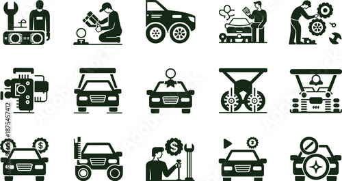 Car service and auto repair icon set featuring maintenance, diagnostics, mechanics, spare parts, and vehicle inspection symbols, solid vector illustrations for automotive service design