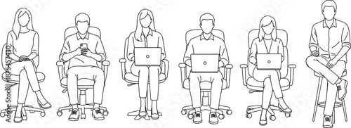 Black and white line drawing of six seated individuals using laptops and smartphones in modern work or study environment for tech-related design.
