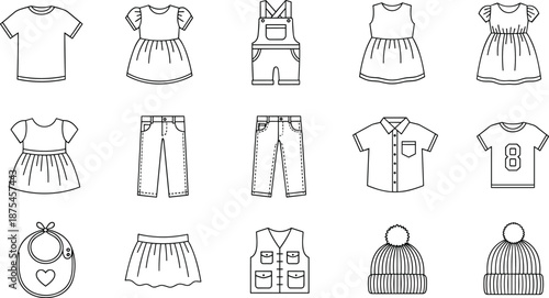 Kids clothing icon set with baby and children apparel including dresses, shirts, pants, hats, and accessories, outline vector illustrations for fashion and retail design