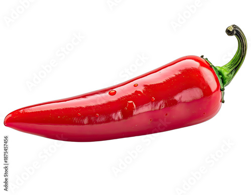 Close-up of a vibrant red chili pepper with a curving green stem, isolated on black