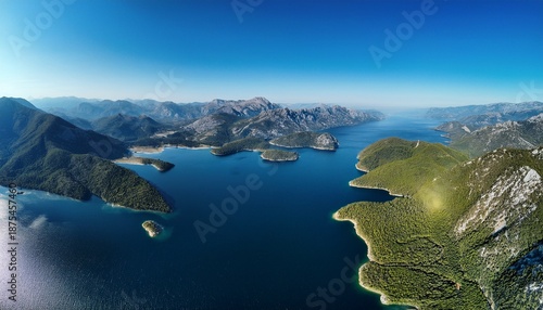 aerial view of geographical landscape with mountains and water bodies