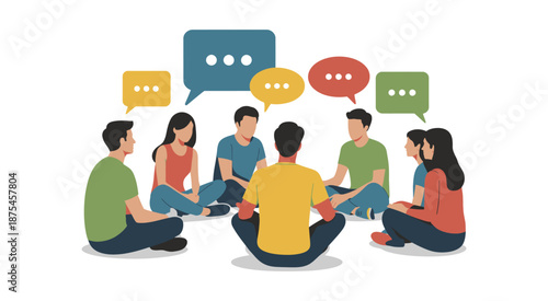 Group of diverse people sitting in a circle having a discussion, sharing ideas, collaboration, teamwork