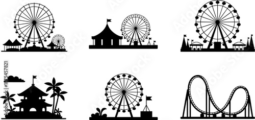 Black carnival amusement park silhouette icons including ferris wheels roller coaster and fairground tents isolated on white background for entertainment event design (22 words)