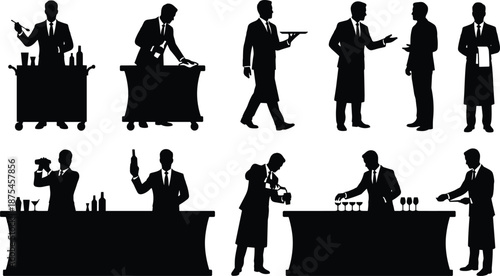 Bartender and waiter silhouettes set showing cocktail preparation, drink serving, catering and restaurant service staff in professional hospitality and bar scenes