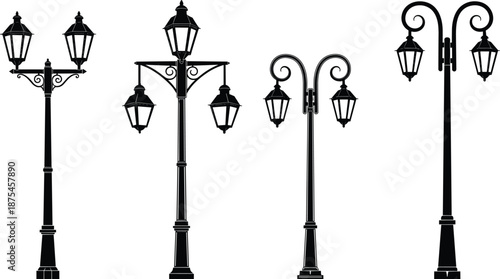 Collection of four vintage street lamp post silhouettes featuring decorative wrought iron details isolated on white background for urban design.