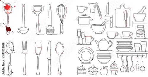 Collection of detailed outline icons depicting various kitchen utensils cooking tools tableware and culinary objects for food preparation and serving