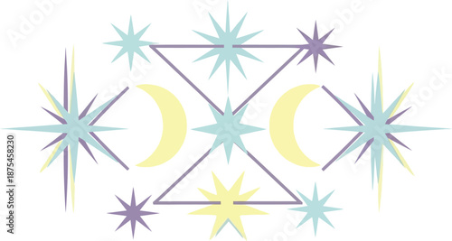 Abstract celestial design featuring moons and star-like shapes in pastel colors suitable for