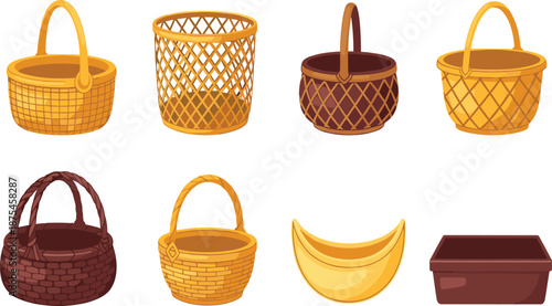 Collection, of, various, wicker, baskets, including, woven, hampers, picnic, containers, laundry, bins, and, empty, storage, boxes, isolated, on, white, background, vector, set