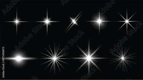 Set of 10 White Lens Flare and Starburst Light Effect Elements on Black Background