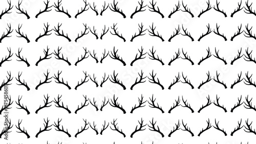 Deer antlers collection with various rack shapes, black silhouette set of trophy horns for hunting logos, wilderness decor, and nature.