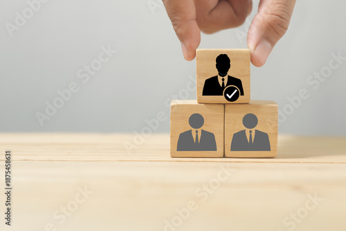 employee analytics, select candidate concept of HR recruitment, evaluate, performance, probation, and appointment, search for a leader 