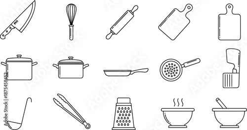 Collection of black and white outline icons representing essential cooking utensils and kitchen tools for culinary design projects
