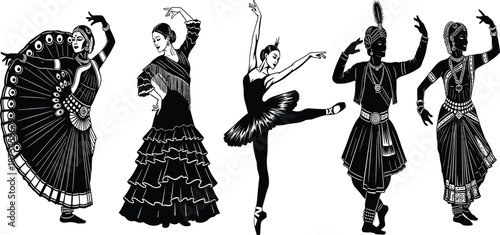 Cultural dance collection featuring ballet, flamenco, and traditional Indian dancers in black silhouette for performing arts, global culture, and movement design.