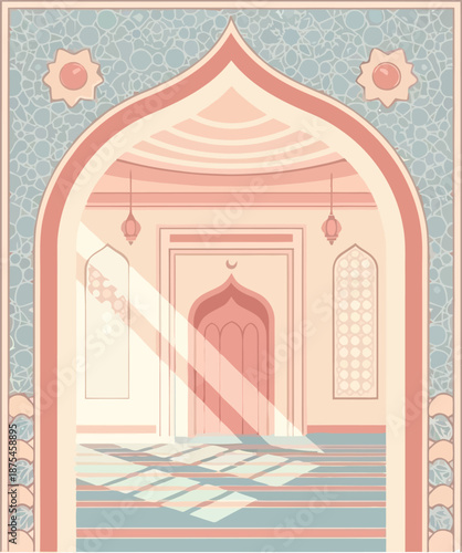 Elegant Islamic Prayer Room Interior with Soft Pastel Colors and Arch Decor