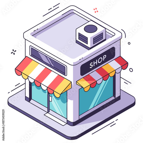 Isometric cartoon of a small shopfront with striped awnings and large windows