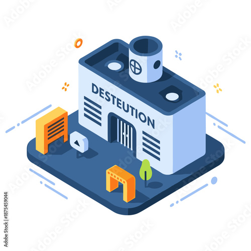 Isometric prison building with surrounding elements and digital icons
