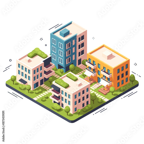 Modern isometric urban residential buildings with green spaces and pathways