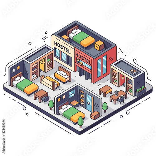 Isometric illustration of a cozy modern hostel with furnished rooms and amenities