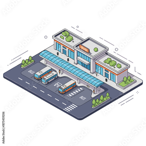 Isometric modern bus station with buses and green roof design