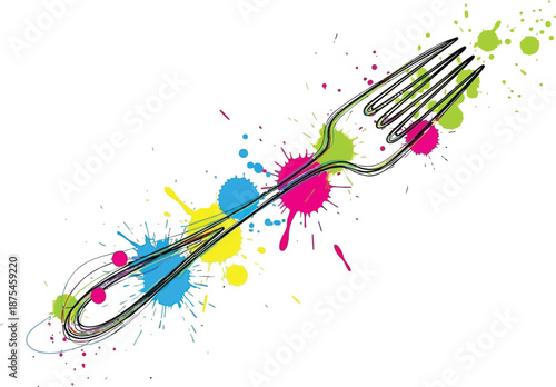Stylized line art of a dinner fork exploding with vibrant abstract paint splatters representing culinary creativity and modern gastronomic design concepts