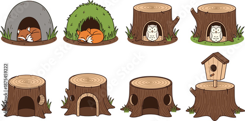Forest animal homes set with fox dens and owl tree hollows, wildlife habitat icons, cad drawing flat vector illustration, nature.