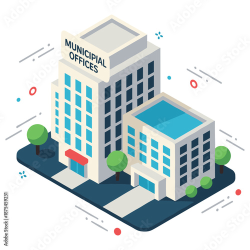 Isometric municipal offices building design with trees and pathways