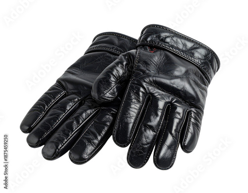 Pair of black, supple leather gloves, textured and angled, with a glossy sheen, isolated on black
