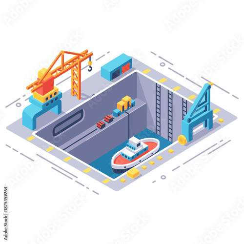 Isometric shipyard with cranes and cargo ship in dry dock illustration