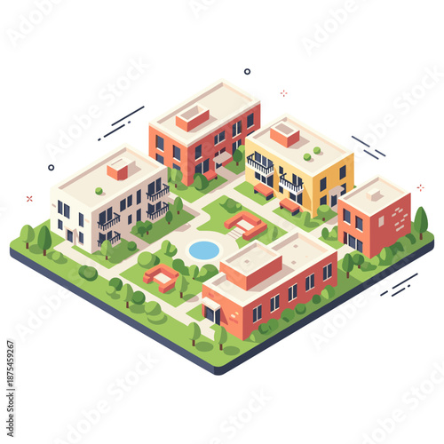 Modern isometric apartment complex with courtyard and pool