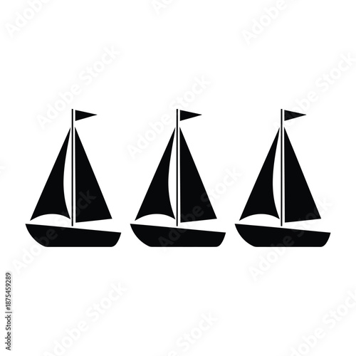 three black sailboats with triangular sails on a white background