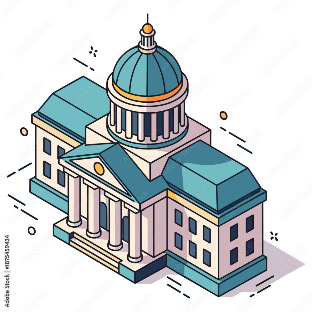 Naklejka premium Isometric illustration of a neoclassical building with dome and columns