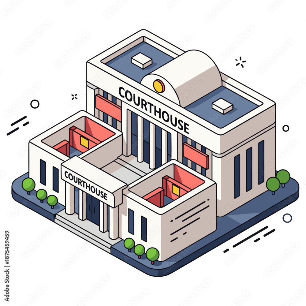 Naklejka premium Detailed isometric courthouse with trees and windows on white background