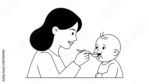 Flat vector of a mother feeding a baby with a spoon, baby eating healthy baby food, happy expression, modern flat design, rounded shapes