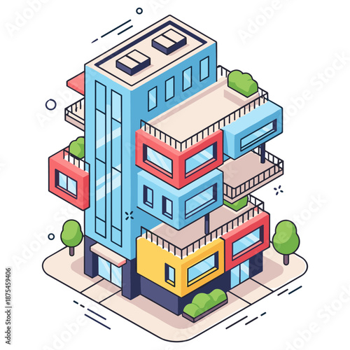 Modern geometric building in vibrant colors with trees and balconies