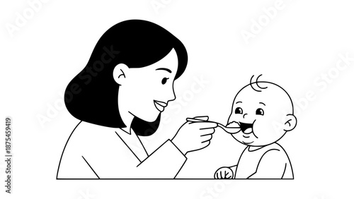 Flat vector of a mother feeding a baby with a spoon, baby eating healthy baby food, happy expression, modern flat design, rounded shapes