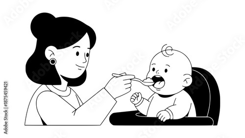 Flat vector of a mother feeding a baby with a spoon, baby eating healthy baby food, happy expression, modern flat design, rounded shapes