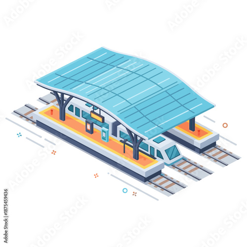 Isometric illustration of a modern train station platform with glass roof