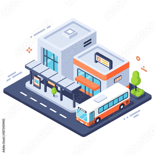 Isometric urban scene with bus station and building