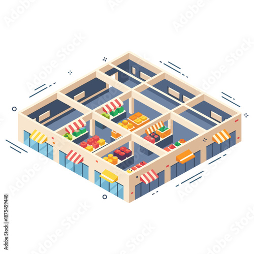 Isometric indoor market layout with colorful stalls and awnings