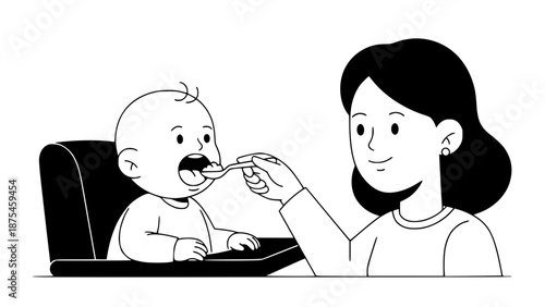 Flat vector of a mother feeding a baby with a spoon, baby eating healthy baby food, happy expression, modern flat design, rounded shapes