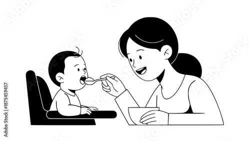 Flat vector of a mother feeding a baby with a spoon, baby eating healthy baby food, happy expression, modern flat design, rounded shapes