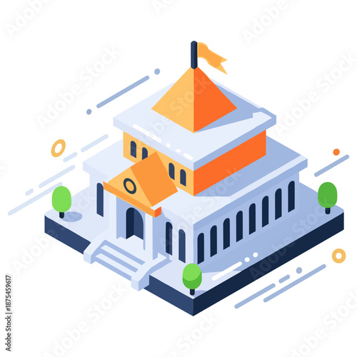 Isometric illustration of a classical bank building with columns and orange roof