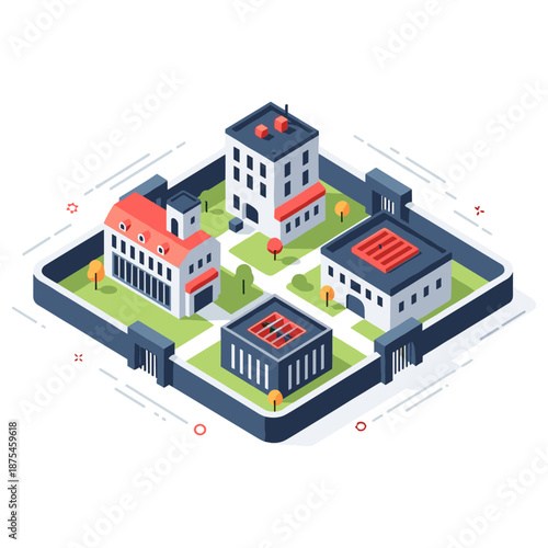 Isometric urban block with modern buildings and green spaces