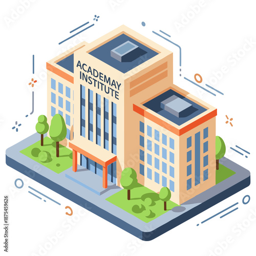 Modern educational building exterior with trees and grass at academay institute