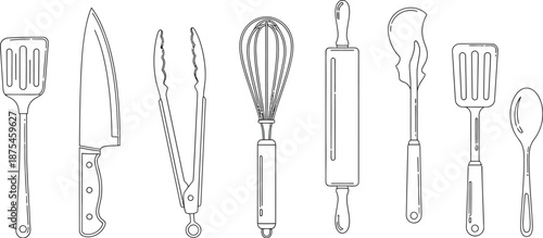 Line art collection of essential kitchen cooking utensils including a chef knife whisk spatula tongs rolling pin and serving spoon
