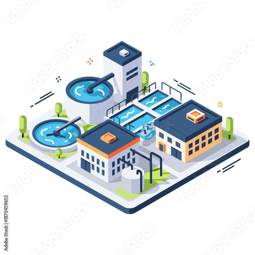 Isometric water treatment plant with modern buildings and infrastructure