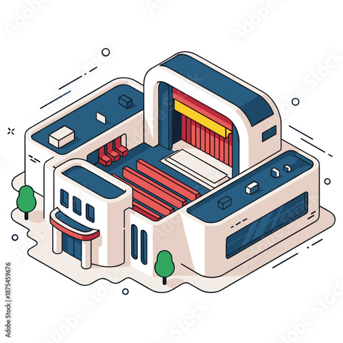Modern isometric theater building with red seats and white exterior