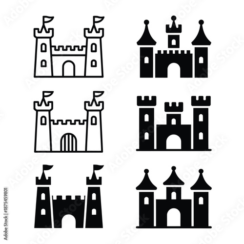 six black and white castle icons in different styles and shapes shown