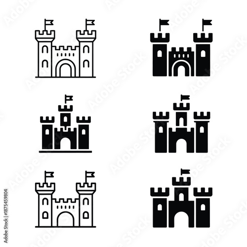 set of six different black and white castle icons