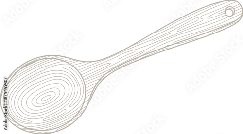Detailed vector illustration of a simple wooden cooking spoon featuring distinct grain patterns and a hanging hole on the handle against a clean white background